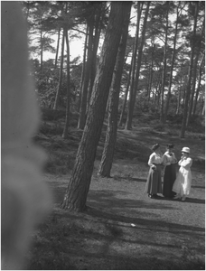 182153 Het wandelen in het bos met v.l.n.r.: Adèle en Marguerite de Charro en Louise Coovels, 06-1918