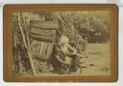 390071 Vrouw met huisdier voor een staldeur, ca. 1890