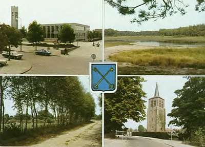 14109 Collage van 4 foto's waarop; gemeentehuis (1), natuurgebieden met ven (2), natuurgebied met zandweg (3) en ...