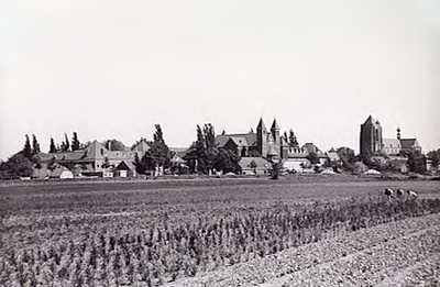 20713 Stedelijke omgeving van Oirschot: links klooster Nazareth en rechts de St. Petruskerk, 28-05-1959