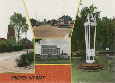 23636 Collage van 4 foto's waarop 1. Molenstraat met molenromp 2. Nieuwstraat vanaf Bosseweg 3. Gemeentehuis, ...