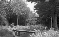136062 Serie van 17 foto's betreffende Gidsen die op kamp zijn. Twee gidsen wandelen over een voetgangersbruggetje, ...