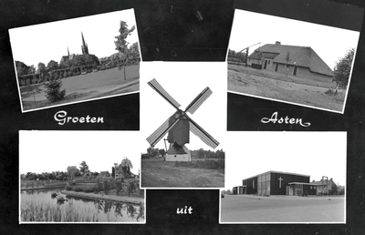 226760 Collage van vijf foto's waarop: 1 R.K. Kerk; 2. Molen; 3. Museum Grote Peel; 4. Ploegmakerspark; 5. H. Jozef ...