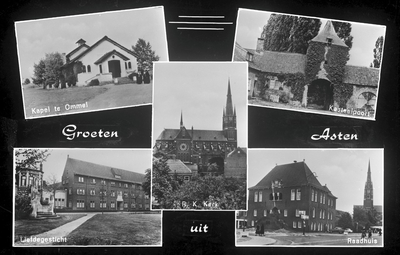226761 Collage van vijf foto's waarop: 1 Kapel te Ommel; 2. R.K. Kerk; 3.Kasteelpoort; 4. H. Hartbeeld en Bartholomeus; ...