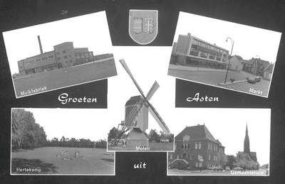 226764 Collage van vijf foto's waarop: 1. Melkfabriek; 2. Molen; 3. Midas aan de Markt; 4. Hertenkamp; 5. Gemeentehuis ...
