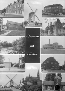 226795 Collage van 12 foto's waarop: 1. Herenhuizen, Koningsplein 6 t/m 10; 2. Molen, Molenweg 23; 3. Huishoudschool; ...
