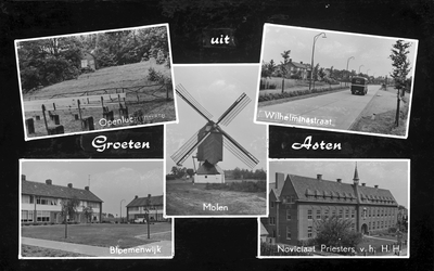 226798 Collage van vijf foto's waarop: 1. Openluchttheater in de bossen bij de Dijkstraat; 2. Molen, Molenweg 23; 3. ...