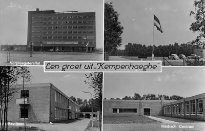 226887 Collage van vier foto's waarop: 1. De verpleegstersflat; 2. Gazon met parkeerplaats; 3. Paviljoen Kempenhaeghe; ...