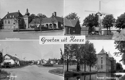 226888 Collage van vier foto's waarop: 1. Het gemeentehuis; 2. De molen; 3. Straatbeeld van de Wijbossen; 4. De ...