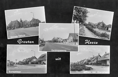 226890 Collage van vijf foto's waarop: 1. Het gemeentehuis; 2. De Geldropseweg; 3. De Julianalaan; 4. De Europalaan; 5. ...
