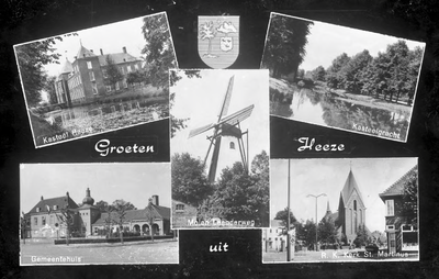226891 Collage van vijf foto's waarop: 1. Het kasteel; 2. De molen; 3. De Kasteelgracht; 4. Het gemeentehuis; 5. De ...