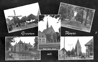 226894 Collage van vijf foto's waarop: 1. Molen aan de Leenderweg; 2. Ned. Herv. Kerk; 3. Boslaan met bruggetje; 4. ...