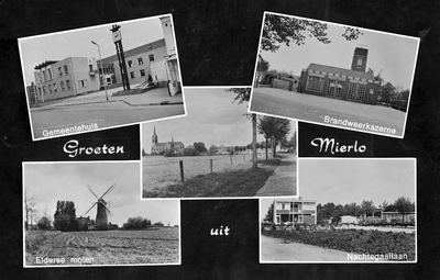 226919 Collage van vijf foto's waarop: 1. Gemeentehuis; 2. Kerk vanuit Overakker; 3. Brandweerkazerne; 4. ...