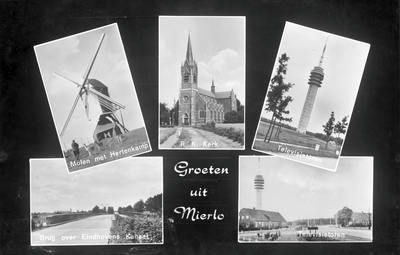 226923 Collage van vijf foto's waarop: 2. Gemeentehuis; 1. Molen met hertenkamp; 2. R.K. Kerk; 4. Brug over Eindhovens ...