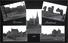 227585 Collage van vijf foto's waarop 1 Witven 2 Oude toren 3 St. Trudokerk 4 Gemeentehuis Stiphout 5 Kasteel Croy, 1972