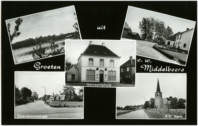 252555 Collage van 5 foto's waarop: 1. Wit-Hollands Ven, 2. Oranjestraat, 3. Doornboomstraat, 4. Gemeentehuis, 5. R.K. ...