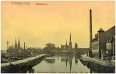 15413 Havenhoofd : met rechts de stoomtimmerfabriek De Rietvink en op de achtergrond de Catharina- en Paterskerk, 1900 - 1910