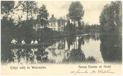 15519 Roeien en vissen in het water bij de Watermolen, op de achtergrond huize Rapelenburg, 1914