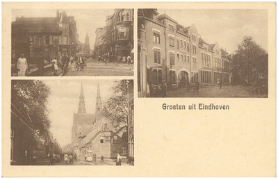 15750 Collage van drie foto's waarop: 1. De Rechtestraat met op de achtergrond het raadhuis, 2. Het postkantoor op de ...