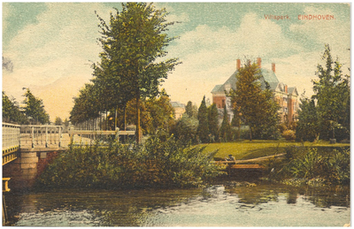 16069 Parklaan, gezien vanaf de brug over de Dommel, met rechts op de achtergrond villa De Laak op nr 99, 1910 - 1930