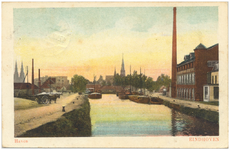 16079 Havenhoofd : met Stoomtimmerfabriek de Rietvink en op de achtergrond de Catharina- en Paterskerk, 1900 - 1920