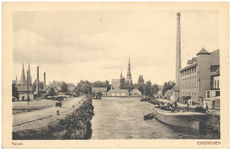 16080 Havenhoofd : met rechts Stoomtimmerfabriek de Rietvink en op de achtergrond de Catharina- en Paterskerk, 1900 - 1920