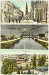 16605 Collage van 3 foto's waarop (1) Rechtestraat, (2) de Haven, (3) Panorama, 1900 - 1920