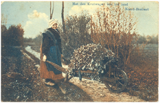 17854 Het vervoeren van de oogst met een kruiwagen door de boerin in klederdracht, 1890 - 1900