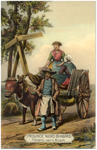 17920 Het reizen met een door een rund getrokken hoogkar. Ze passeren de wegwijzer Mill en en Boekel, 1857