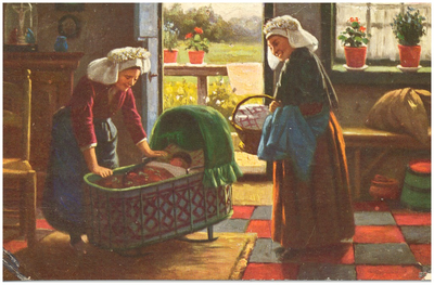 18035 Het wiegen van een baby in een wieg, in de woonkamer door een boerin in klederdracht, 1901 - 1930