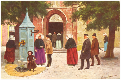 18036 Het naar de kerk gaan. Met voor de kerk een dorpspomp, 1900 - 1915