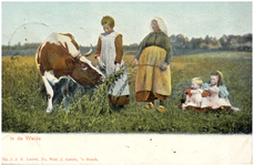 18056 Het weiden van een koe door een boerin met drie kinderen, op een weiland, 1900 - 1903