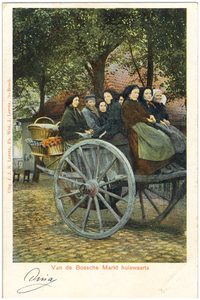 18065 Het rijden met de hoogkar, beladen met personen. Achterop de kar de botermanden, 1890 - 1910