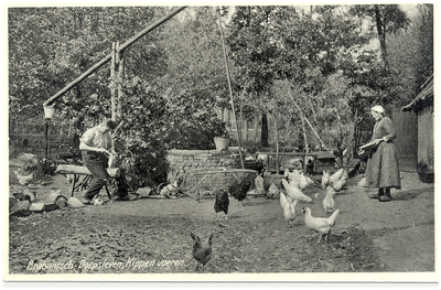 18147 Het voeren van kippen en het bewerken van een houten balk op het erf, 1900 - 1930