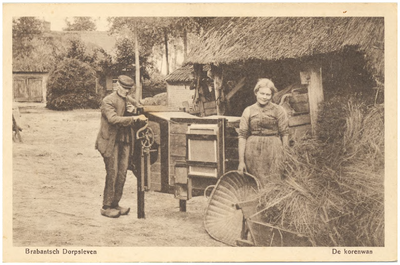 18162 Het scheiden van het koren van het kaf met de korenwan, op een erf, 1910 - 1920