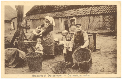 18163 Het vlechten van manden door de mandemaker en het schoonmaken van de melkbussen, 1900 - 1920