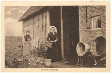 18179 Huishoudelijke hygiëne: boerinnen naast een schuur met ervoor de was, wasmand en tobbe, 1900 - 1920