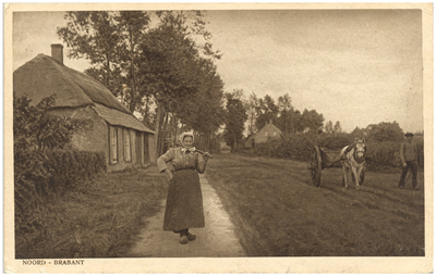 18180 Boerin in agrarisch landschap, met ernaast een boerderij en een paard en wagen, z.j.