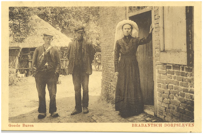 18200 Het ontmoeten van personen in klederdracht, bij de voordeur van de boerderij, 1900 - 1917