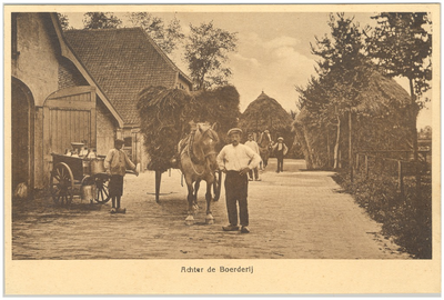 18207 Het vervoeren van stro met paard en kar en de melk met een handkar, 1900 - 1920