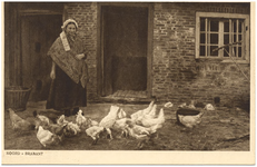 18307 Het voeren van kippen door de boerin, 1910 - 1930