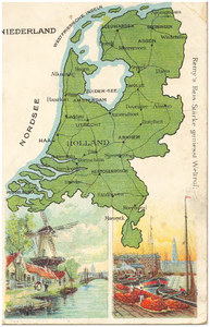 18317 Plattegrond van Nederland met onder afbeelding van molen en haven, z.j.