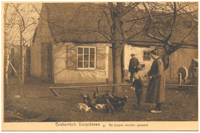 18323 Het voeren van de kippen door de boerin met haar zoon, 1920