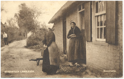 18335 Het ontmoeten van twee boerinnen bij de deur van de boerderij, 1900 - 1920
