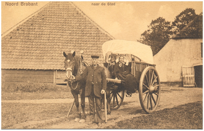 18358 Een hoogkar met een huif, een paard ervoor, en dames erop, 1910 - 1930