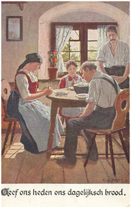  Vrije religieuze afbeelding : het bidden door een gezin aan tafel, voor het eten, voorzien van de tekst geef ons heden ...