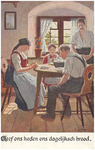  Vrije religieuze afbeelding : het bidden door een gezin aan tafel, voor het eten, voorzien van de tekst geef ons heden ...
