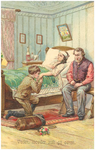 18454 Het ziek in bed liggen van de moeder met ernaast zittende de echtgenoot en knielend ervoor de zoon, welke de ...