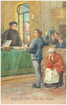 18458 Het afleggen van de belofte of eed voor de rechter in de rechtszaal, door een staande man met ernaast een ...