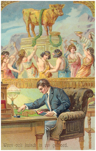 18459 Het zitten aan een buro vol met geld, met op de achtergrond een afbeelding van de dans om het gouden kalf, z.j.